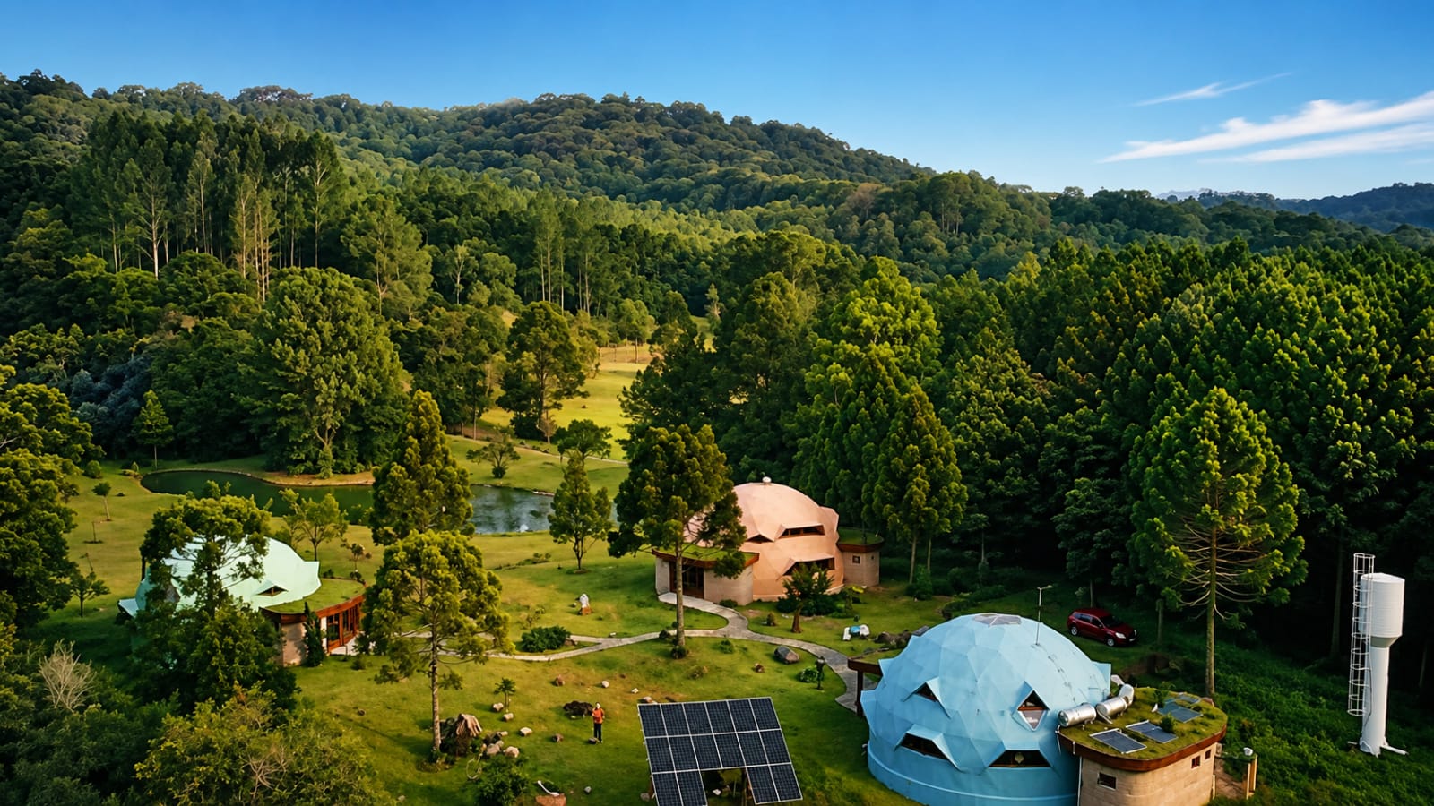 Vista aérea da Nova Terra: três geodésicas entre a mata, um açude, painéis solares e o vale ao fundo.